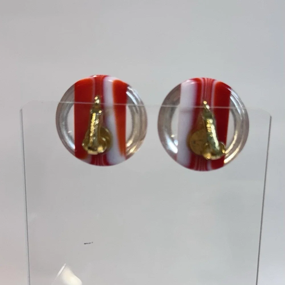 Vintage Trifari Clip On Round Earrings Retro Candy Stripe